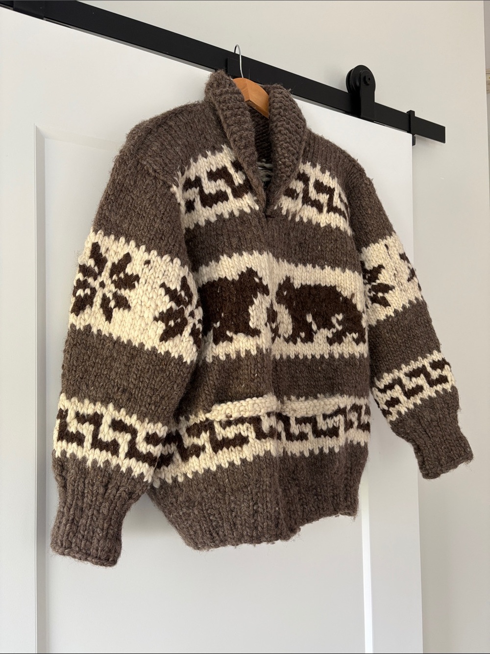 Authentic Cowichan Zip-Up Sweater With Bear Motif
